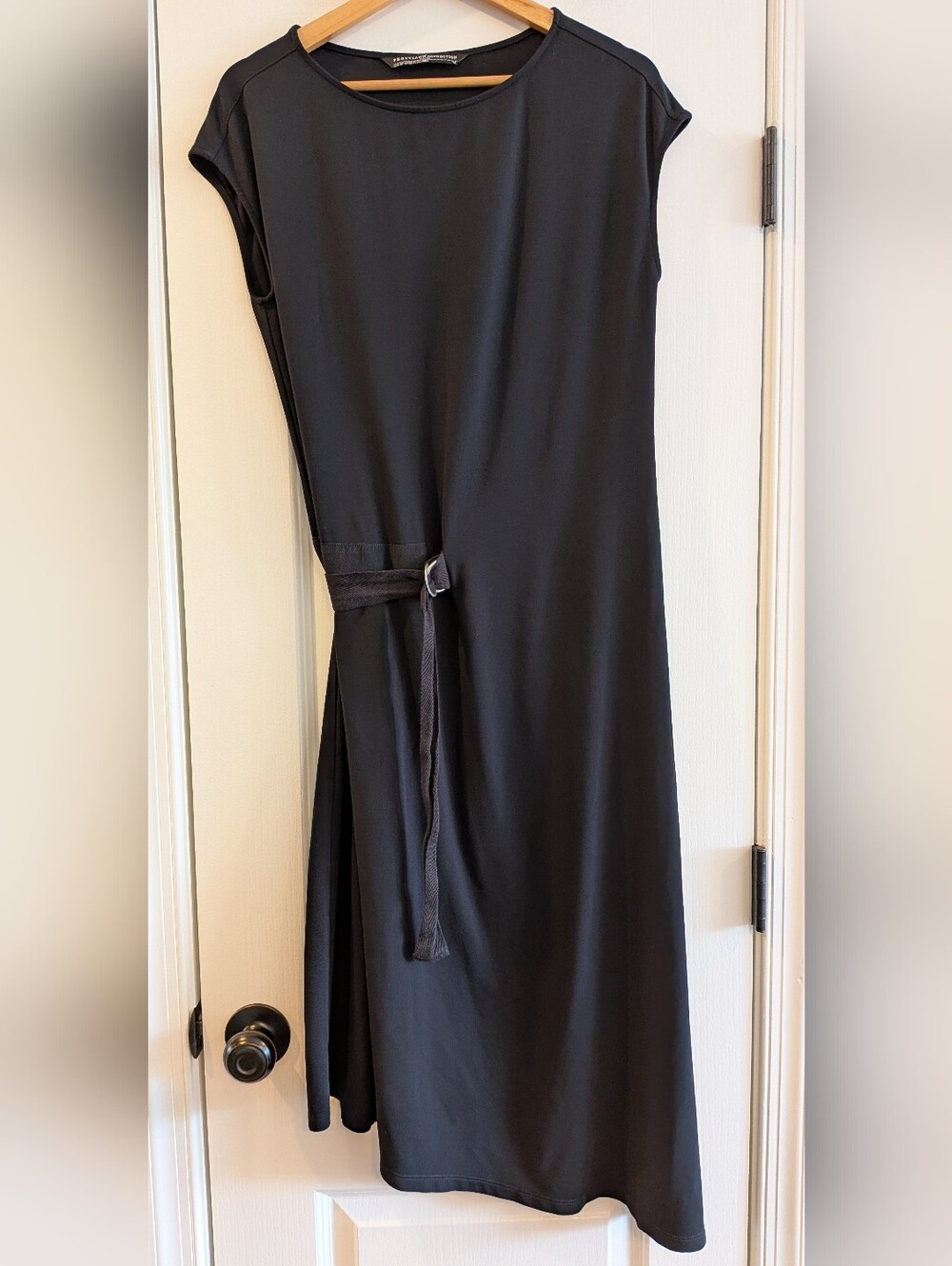 Peruvian Connection Black Cap Sleeve Modal Jersey Cinch Belt Midi Dress Size M